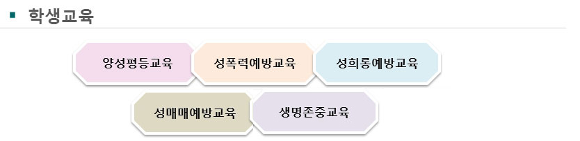 * 학생교육 : 양성평등교육, 성폭력예방교육, 성희롱예방교육, 성매매예방교육, 생명존중교육